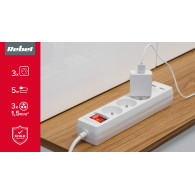 Förlängningssladd Rebel 3 uttag + 2 USB-uttag med strömbrytare - 5m