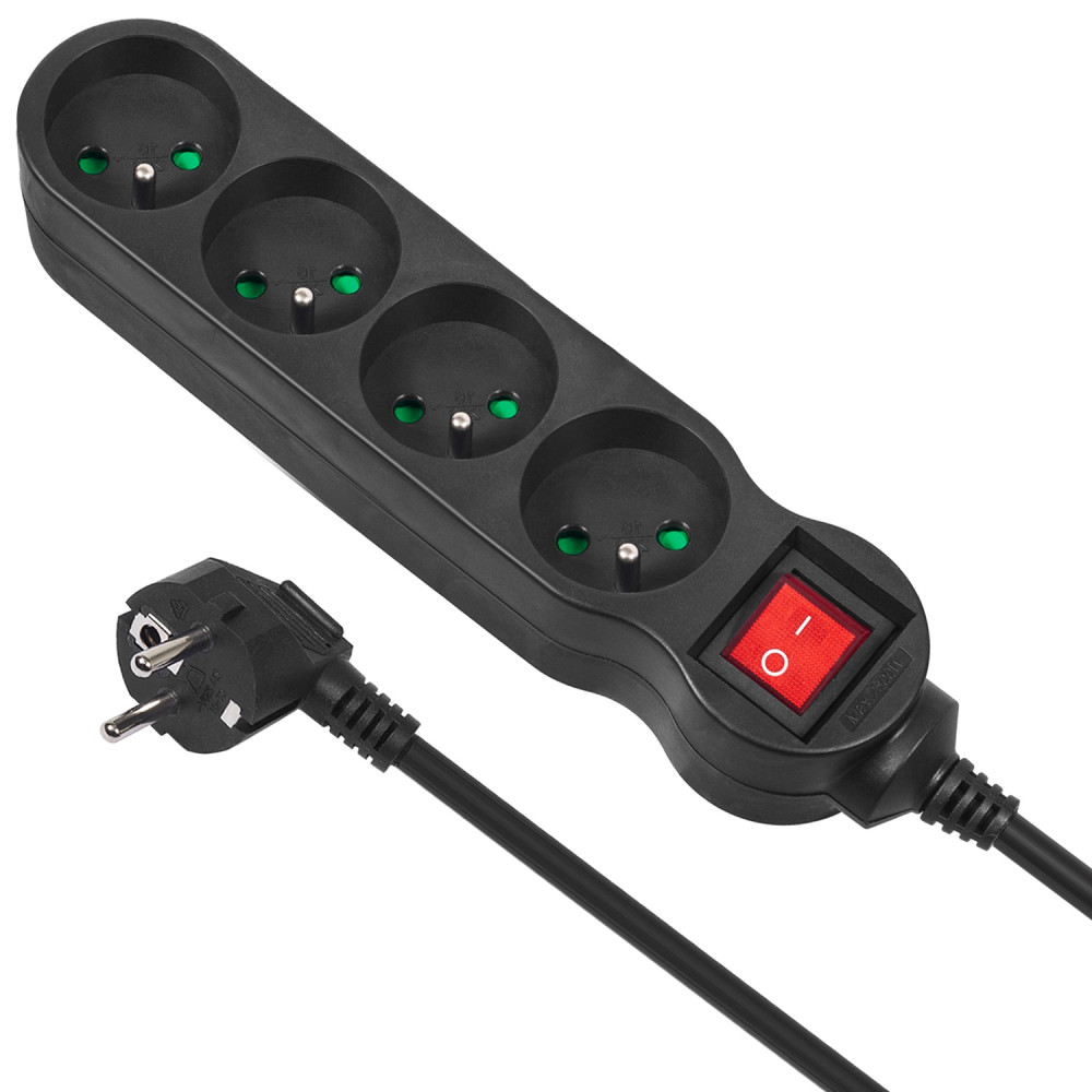 Listwa zasilająca Maclean, przedłużacz 4 gniazda, z wyłącznikiem, czarny, 2300W, 1,4m, MCE180