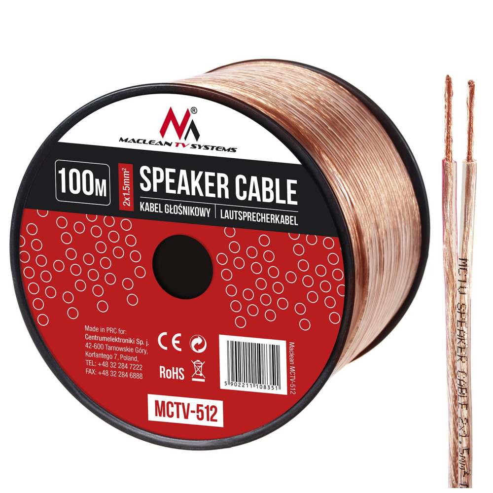 Högtalarkabel transparent PVC Maclean, 2*1,5mm2 / 48*0,20 CCA 3,5*7,0mm, 100m, MCTV-512 Högtalarkabel transparent PVC Maclean, 2*1,5mm2 / 48*0,20 CCA 3,5*7,0mm, 100m, MCTV-512