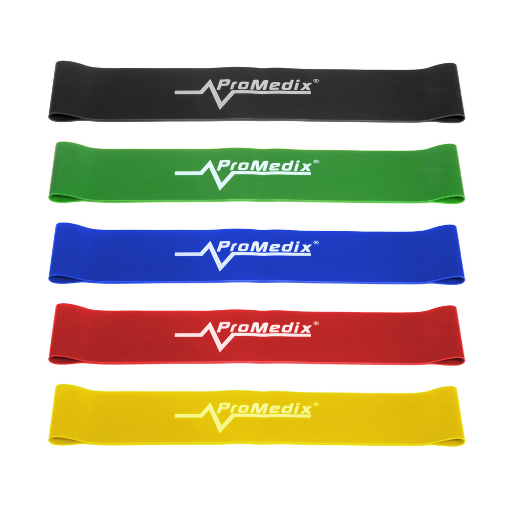 Latexelastiska träningsband Promedix PR-700, komplett set med 5 stycken x 0,5m.