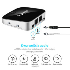 Adapter bluetooth 2 i 1 sändare mottagare Audiocore AC830 - Apt-X Spdif - Chipset CSR BC8670