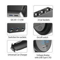 Rozdzielacz gniazda zapalniczki samochodowej Maclean, woltomierz, 3 gniazda zapalniczki, 1xQC 3.0, 3xUSB, 6.8A, 1xPD 18W, max 12