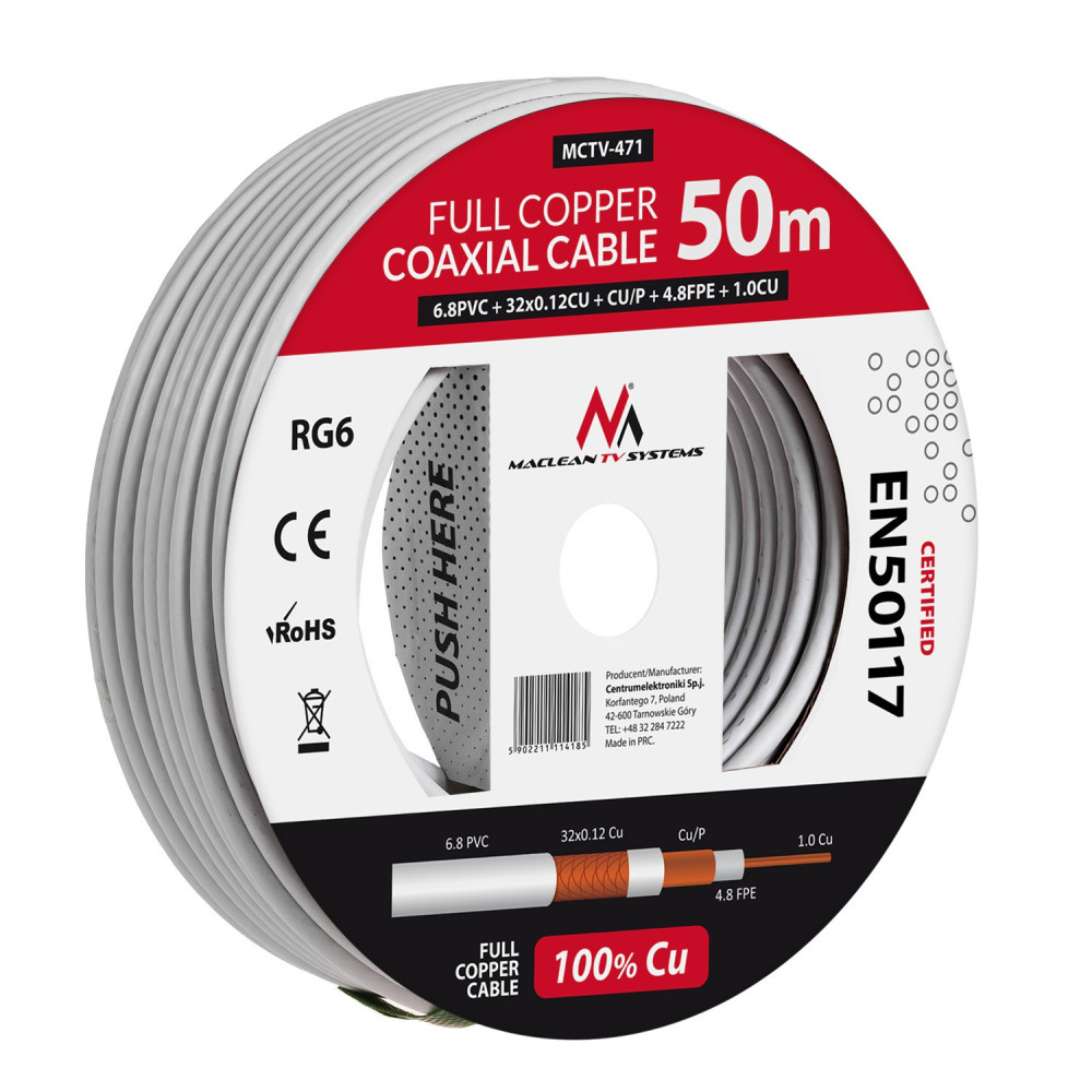 Koaxialkabel Maclean, Satellitantennkabel, RG6 1.02CU+4.8FPE+CU/P+32*0.12CU+6.8PVC, 50M, MCTV-471