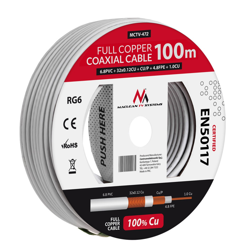 Koaxialkabel Maclean, Satellitantennkabel, RG61.02CU+4.8FPE+CU/P+32*0.12CU+6.8PVC, 100M, MCTV-472
