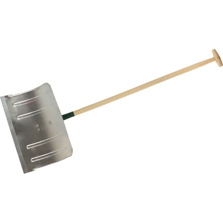 Spade snö. blad 480 mm, bredd 310 mm, aluminium. Handtag i svart trä, diameter 32 mm.