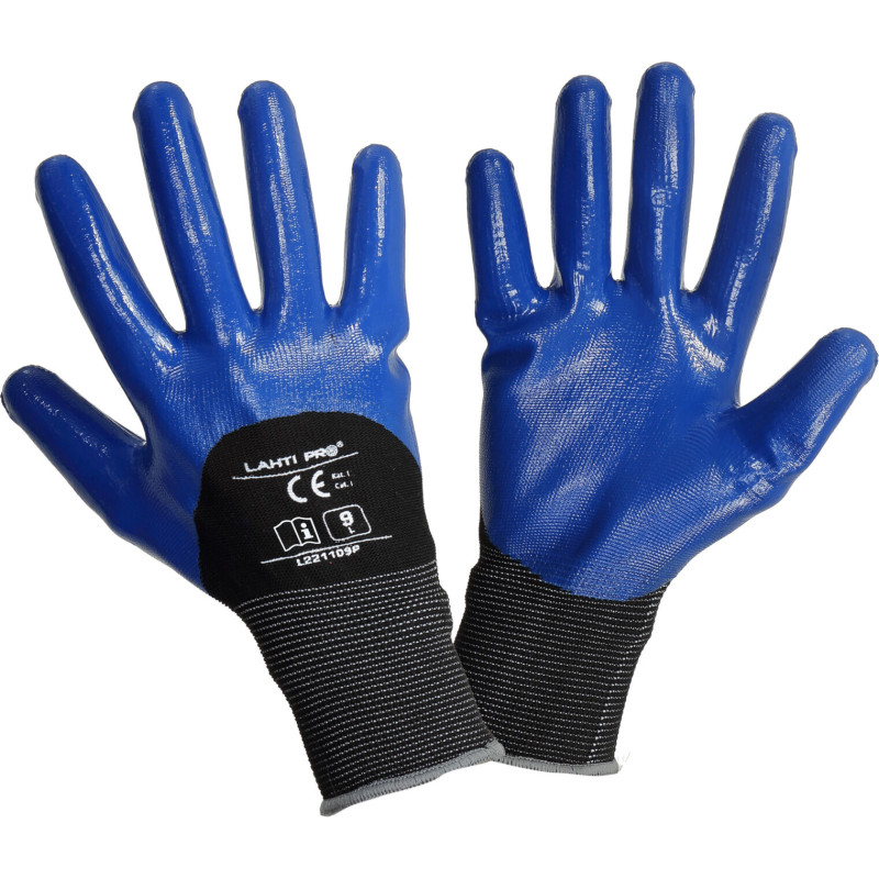Handskar nitr. svart-lila l221108p, 12 par, '8', ce, Lahti