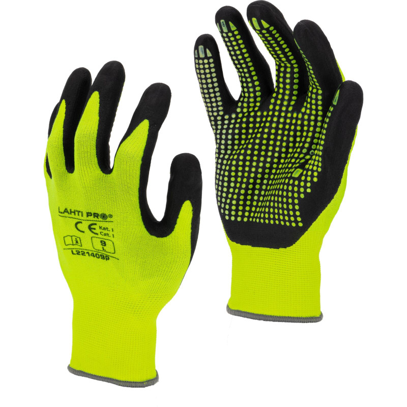 Handskar i nitrit, gul-svart, l221409p, kort, '9', CE, Lahti
