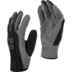 Handskar av syntetiskt läder, grått l271509p, etikett, '9', CE, Lahti