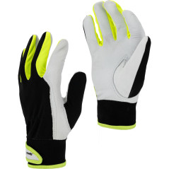 Handskar av svart-gul läder. l271810p, kort, '10', CE, Lahti