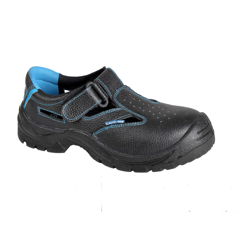 Damsandaler i svart-ljusblått läder, med stötdämpning, storlek 36, CE-märkta, Lahti.