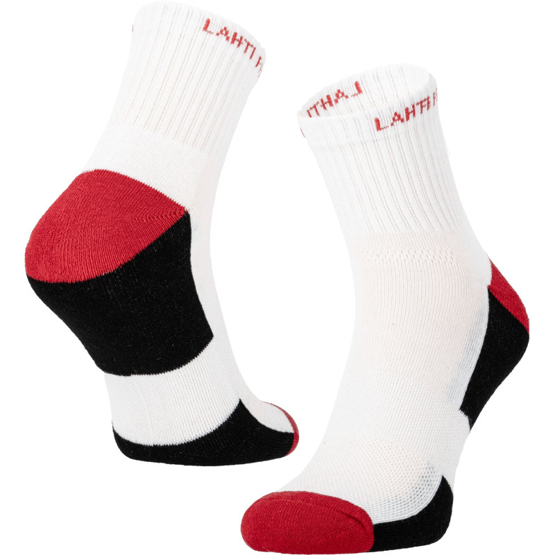 Strumpor tillverkade, vit-röda, 3 par, '43-46', Lahti.