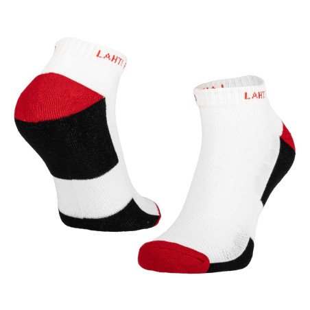 Strumpor tillverkade, vit-röda korta, 3 par, '39-42', Lahti