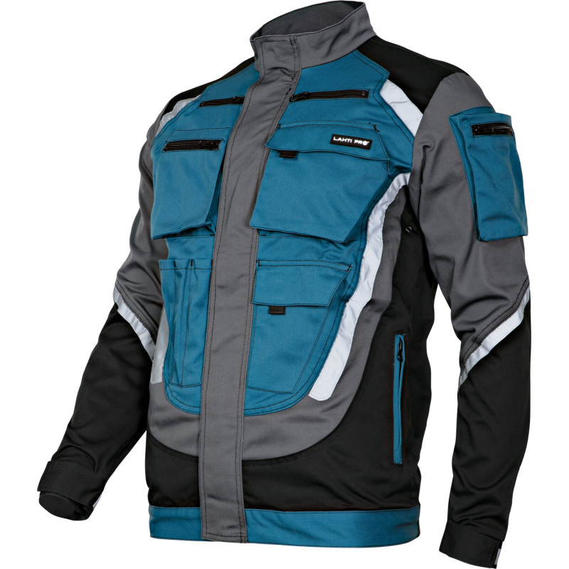 Tröja i svart-grå-turkos med reflexband, 'xl', CE, Lahti