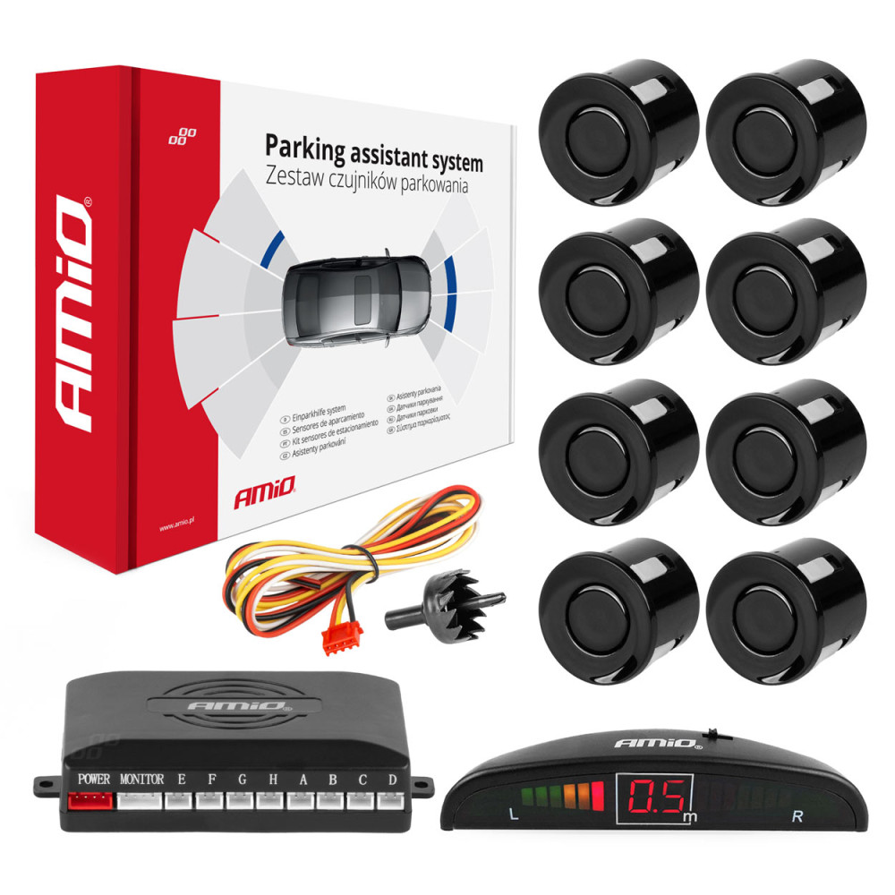 Parkeringshjälpssensorset med åtta LED-sensorer, svart amio-01560.