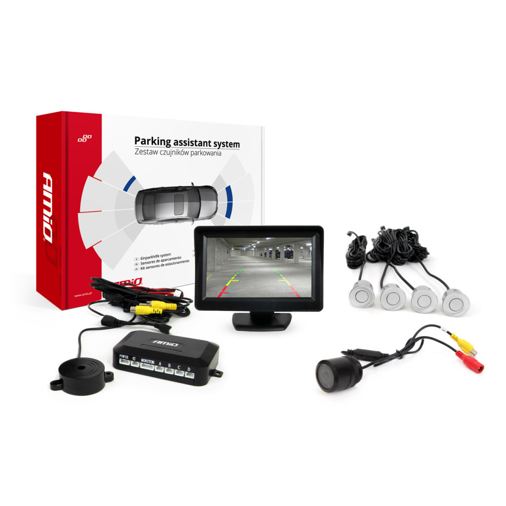 Parkeringssensorset TFT01 4,3' med kamera HD-301-IR 4 silverfärgade sensorer.