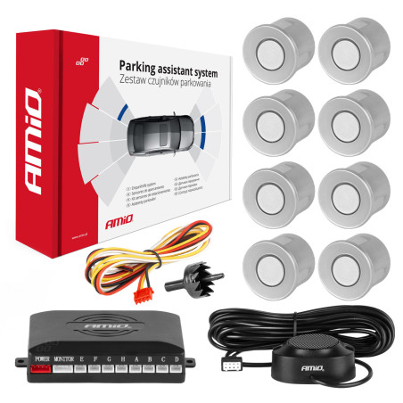 Parkeringssensorset med backning buzzer 8 sensorer silver amio-01596