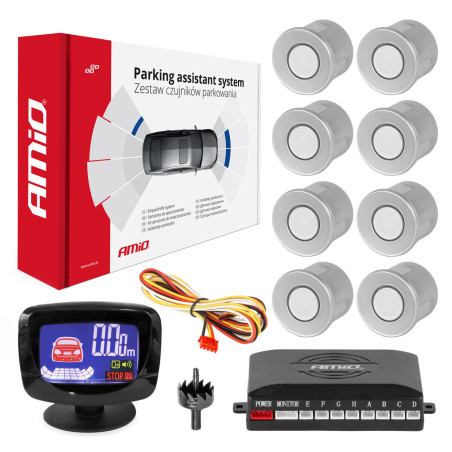 Parkeringssensorset backsensor LED-grafik 8 sensorer silver amio-01597