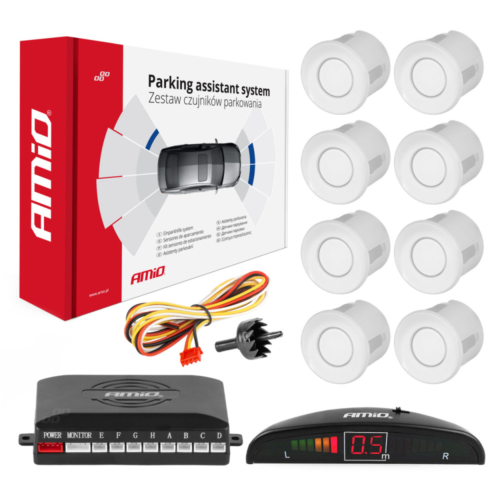Parksensorpaket för backning med 8 LED-sensorer vita amio-01601 Parksensorpaket för backning med 8 LED-sensorer vita amio-01601