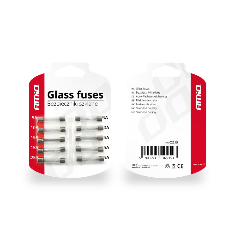 Säkringar glas 10 st. set amio-02215