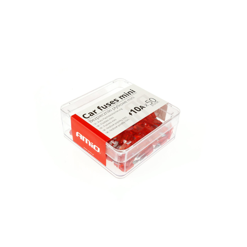 Bezpieczniki samochodowe płytkowe mini zestaw 50 szt. 10a amio-02219 Bezpieczniki samochodowe płytkowe mini zestaw 50 szt. 10a amio-02219
