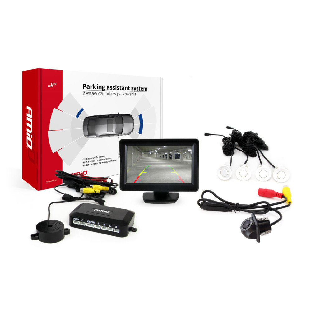 Parkeringsensorsats TFT01 4,3' med kamera HD-305 LED 4 vita sensorer