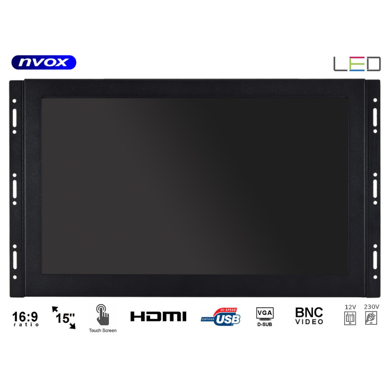 Beröringsskärm öppen ramme led 15 tum fhd vga hdmi bnc usb 12v 230v
