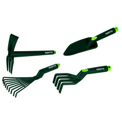 Ett set med 4 handverktyg i plast (räfsor, klor, spade, hacka/klor) | HandlaSmidigt.se