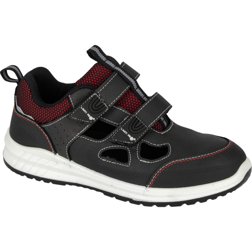 Sandaler i läder svart-vit-röd, stl fo sr, '45', CE, Lahti Sandaler i läder svart-vit-röd, stl fo sr, '45', CE, Lahti