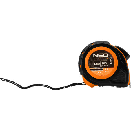 Måttband av stål, 7,5 m x 25 mm, självlåsande, två stoppknappar.
