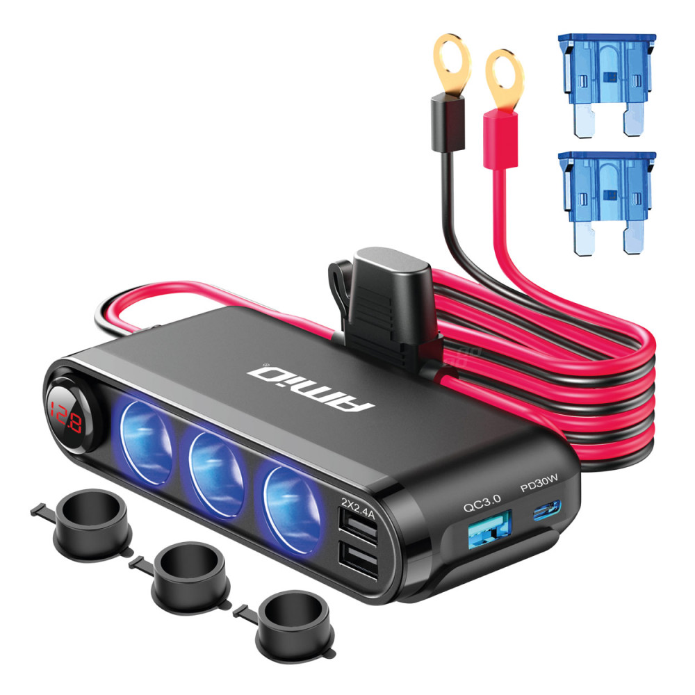Förgreningskabel trefläns tändare + voltmeter laddare usb usb-c 12v 24v amio-03782