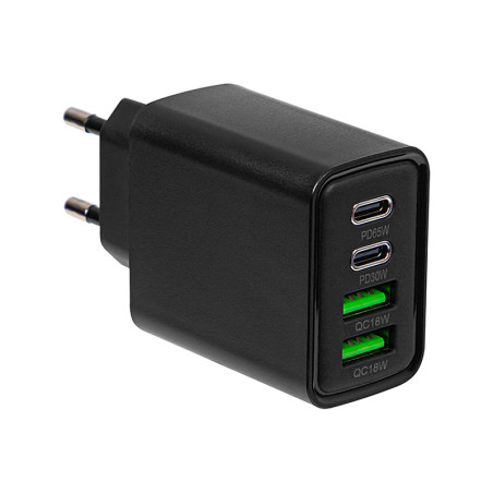 76-023- Nätadapter med dubbla USB-portar + USB-C QC+PD 65W