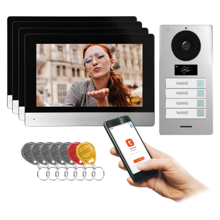 GAYD MULTI4, fyrfamiljers videodörrtelefonset, 2-trådig, 8', Wi-Fi, pekskärm, 2MP Full HD, RFID