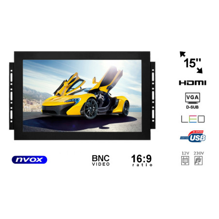 Monitor öppen ramme led 15 tum vga hdmi bnc usb 12v 230v