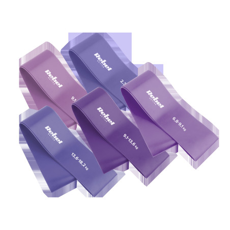 Ett set med latexträningsband - Mini Band L, 2,3-18,2 kg, 5 band, lila, REBEL ACTIVE.