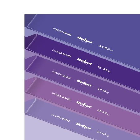 Ett set med latexträningsband - Mini Band L, 2,3-18,2 kg, 5 band, lila, REBEL ACTIVE.