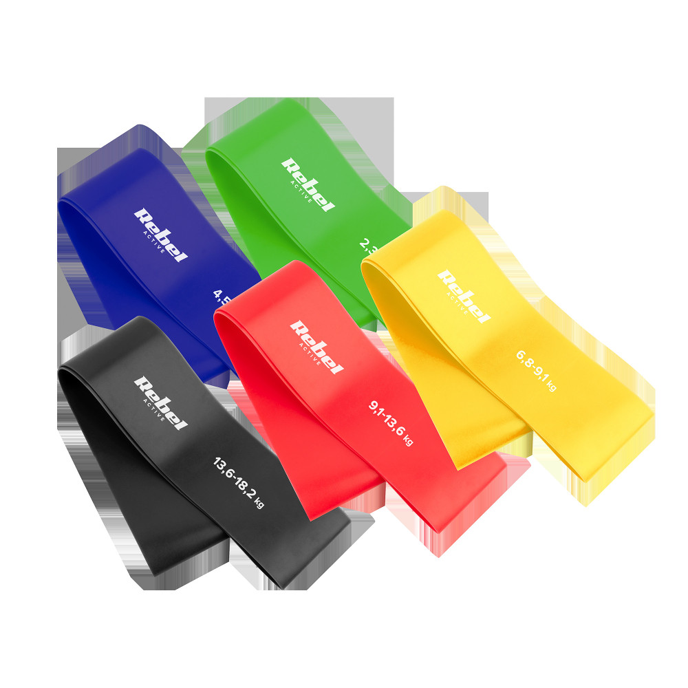 Zestaw gum do ćwiczeń lateksowy - Mini Band L, 2.3-18.2 kg, 5 gum, kolorowy, REBEL ACTIVE Zestaw gum do ćwiczeń lateksowy - Mini Band L, 2.3-18.2 kg, 5 gum, kolorowy, REBEL ACTIVE