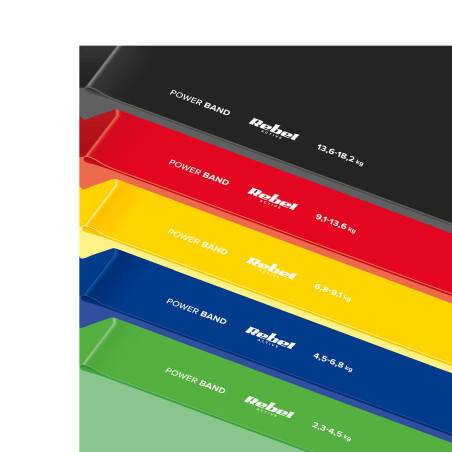 Ett set med latexträningsband - Mini Band L, 2.3-18.2 kg, 5 band, färgglada, REBEL ACTIVE