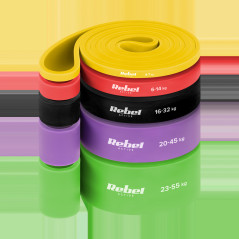 Set med TPE-träningsgummiband - Power Band PTs-1, 4-55 kg, 5 TPE-gummiband, REBEL ACTIVE