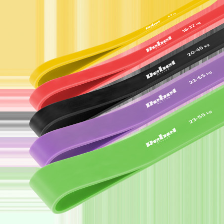 Set med TPE-träningsgummiband - Power Band PTs-1, 4-55 kg, 5 TPE-gummiband, REBEL ACTIVE