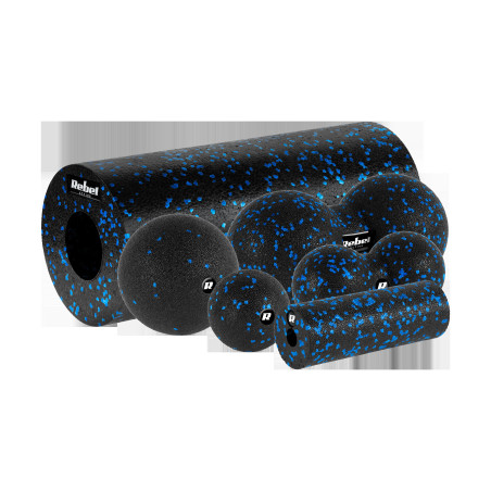 Set med massagevals, miniroller, 2 bollar, 2 duobollar, 6 delar, svart-blå färg, material EPP, REBEL ACTIVE.