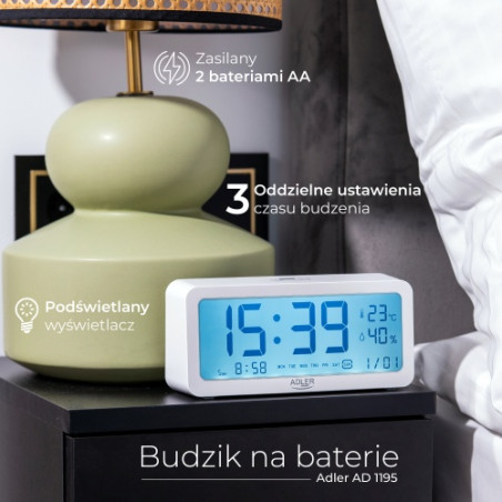 AD 1195 vit väckarklocka på batteri - vit