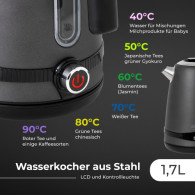 AD 1295 grå Metallvattenkokare 1,7l med LCD & temperaturreglering
