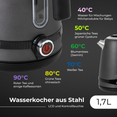 AD 1295 grå Metallvattenkokare 1,7l med LCD & temperaturreglering