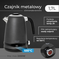 AD 1295 grå Metallvattenkokare 1,7l med LCD & temperaturreglering