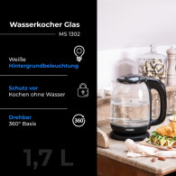 MS 1302 svart Glasvattenkokare 1,7 l