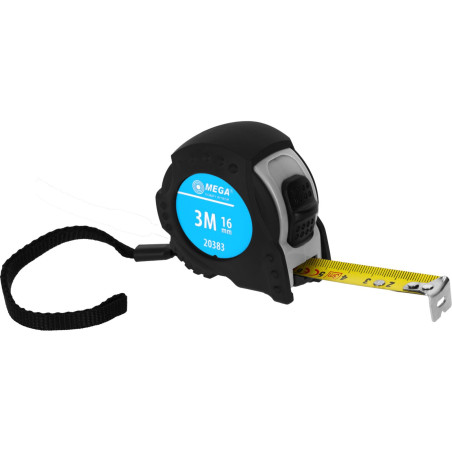 Måttband 3m/16mm, 2x stopp, fodral, CE, gummiskydd, kort, mega