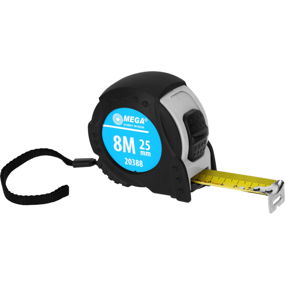Måttband 8m/25mm, 2x stopp, fodral, CE, gummiskydd, kort, mega