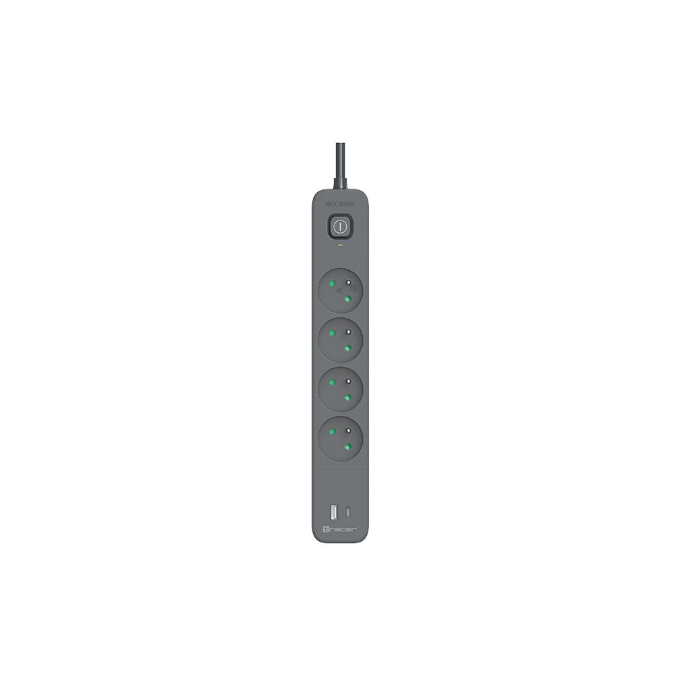 Strömförsörjningslist TRACER Power Line+ mobile ready 1,5 m (4 uttag + 1x USB A + 1x Typ C, PD18W)