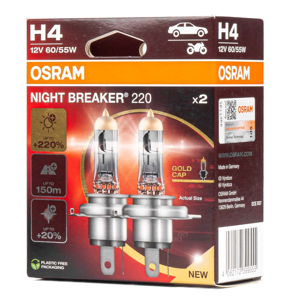 Halogenglödlampor Osram H4 12V 60/55W P43t Night Breaker +220% /2 st./ Halogenglödlampor Osram H4 12V 60/55W P43t Night Breaker +220% /2 st./