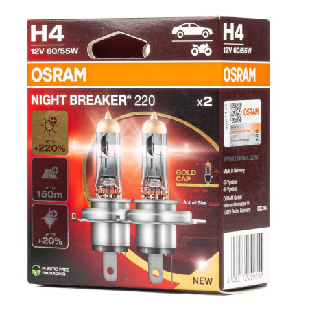 Halogenglödlampor Osram H4 12V 60/55W P43t Night Breaker +220% /2 st./